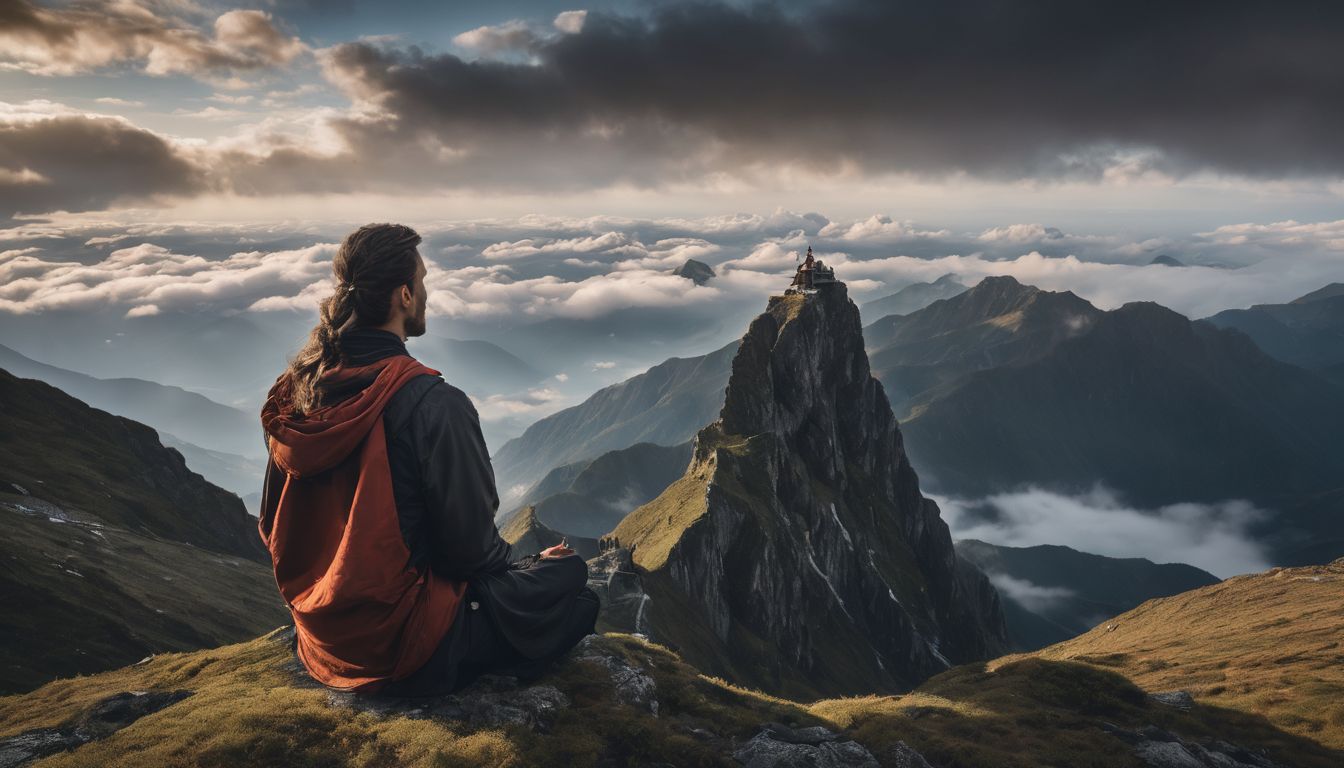 person meditating on a mountaintop surrounded by clouds, diverse and vibrant.
