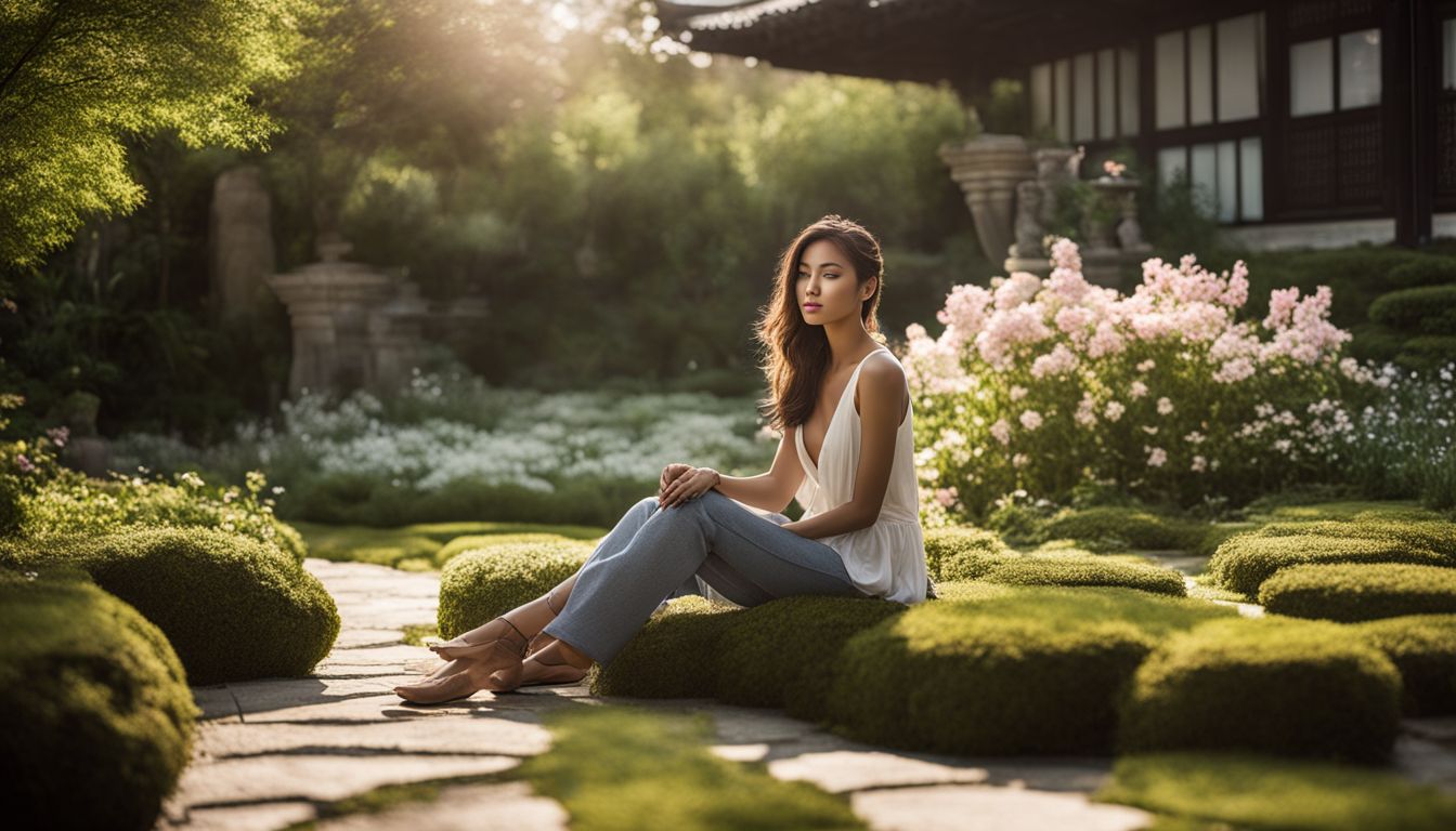 a person sits peacefully in a vibrant zen garden surrounded by nature.