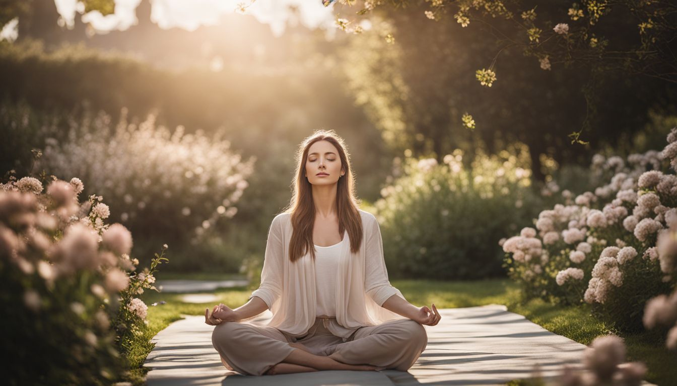a woman meditates in a garden surrounded by blooming flowers.