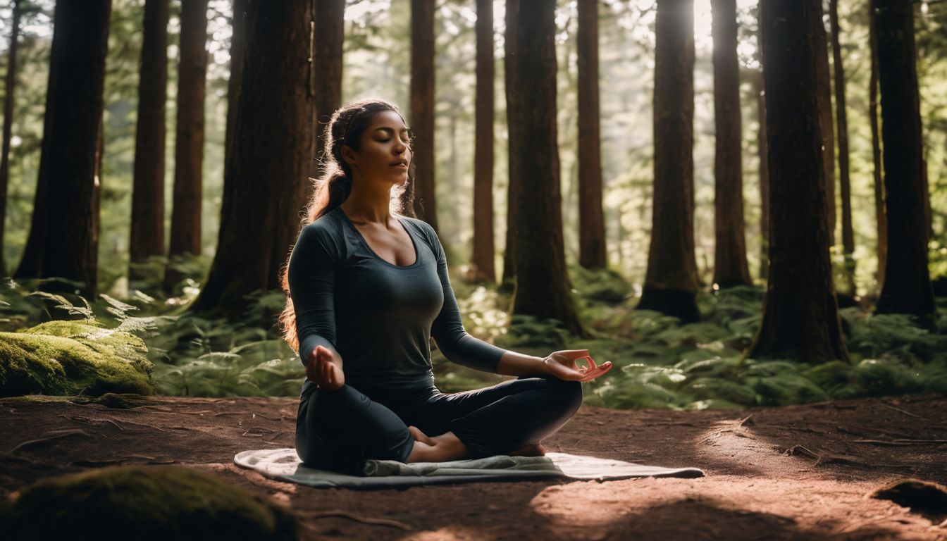 a person meditating in a serene forest surrounded by tall trees.