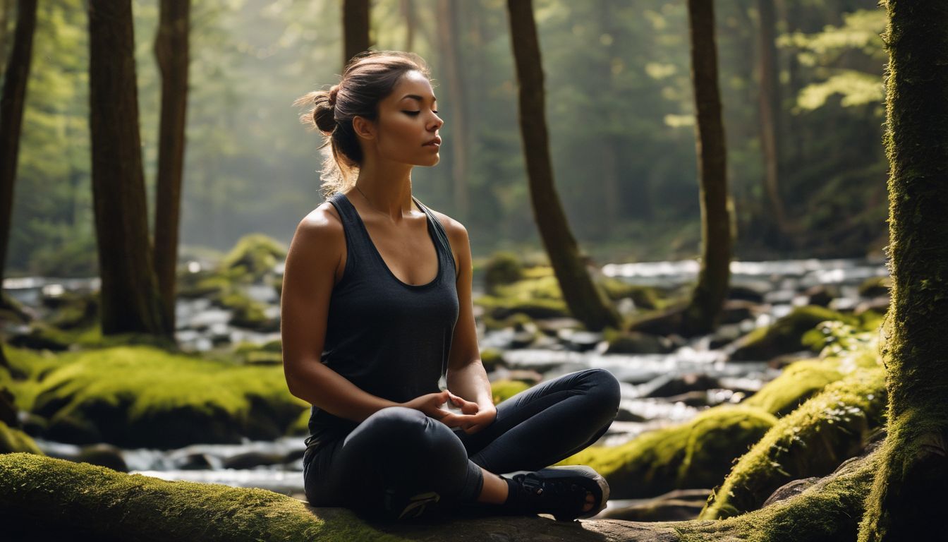 a person meditating in a peaceful forest, surrounded by nature.