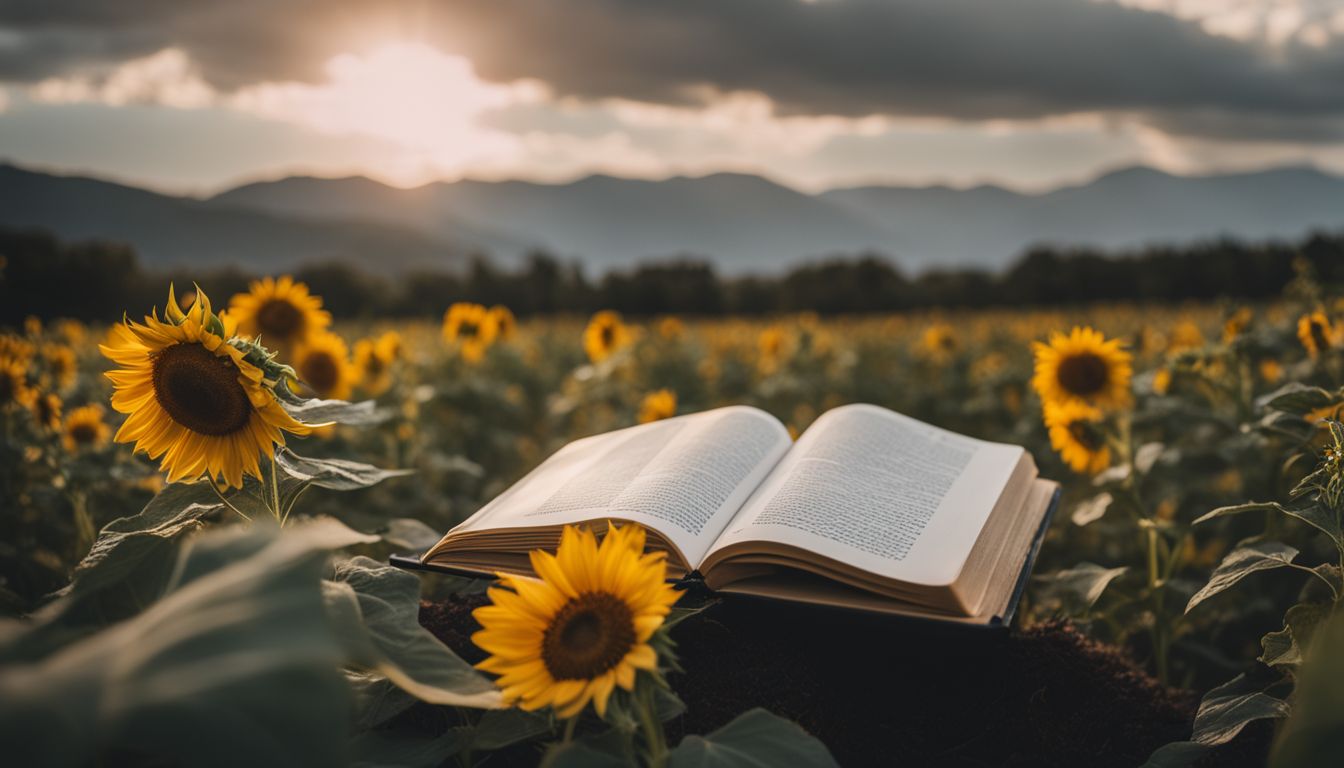 a photo of an open book with a sunflower and blooming flowers in a field.