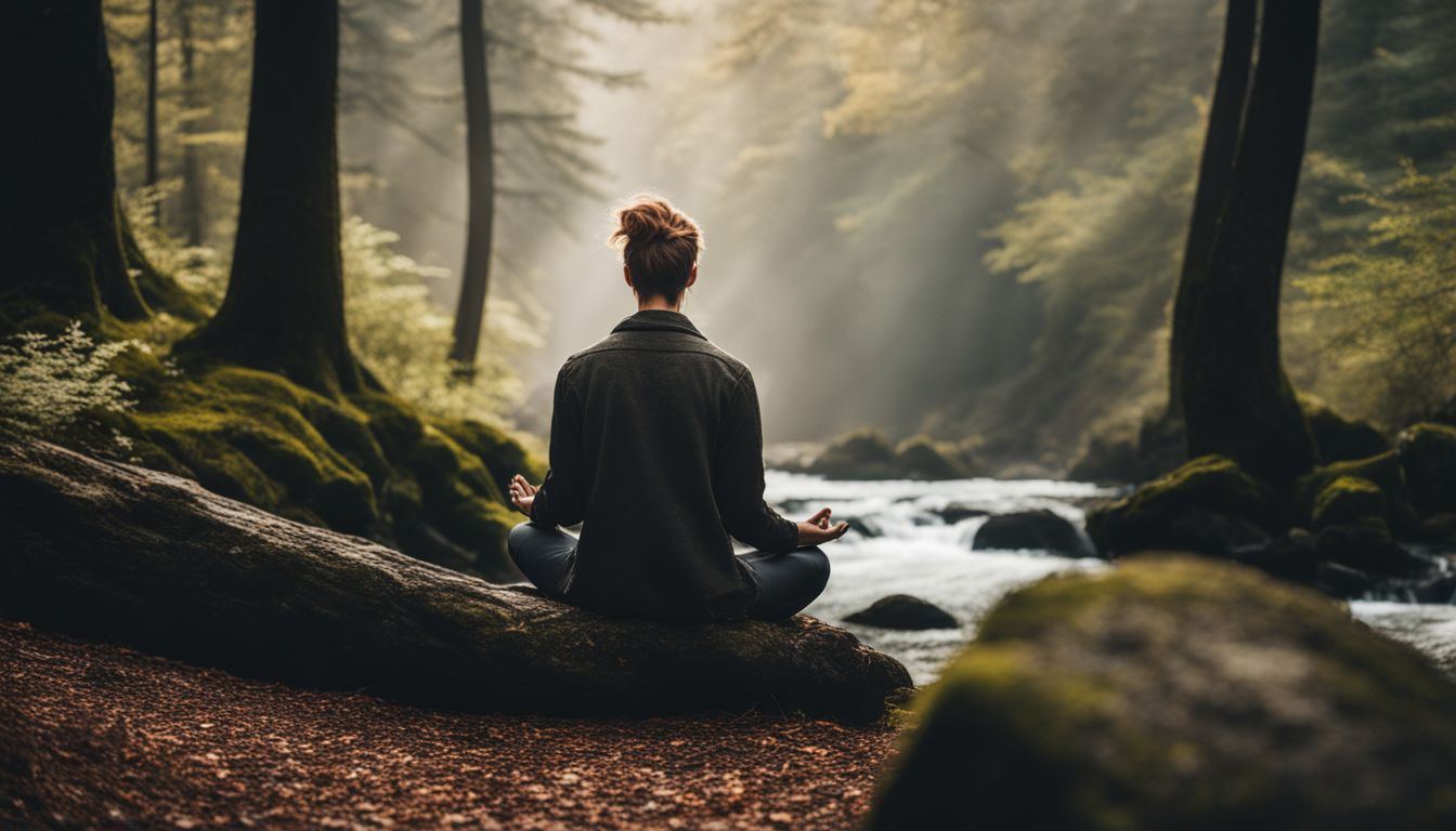 a caucasian person meditating alone in a peaceful forest setting.