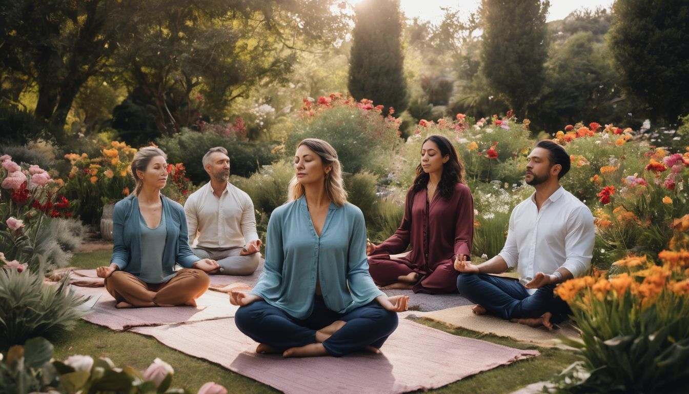 a diverse group meditating in a peaceful garden surrounded by nature.