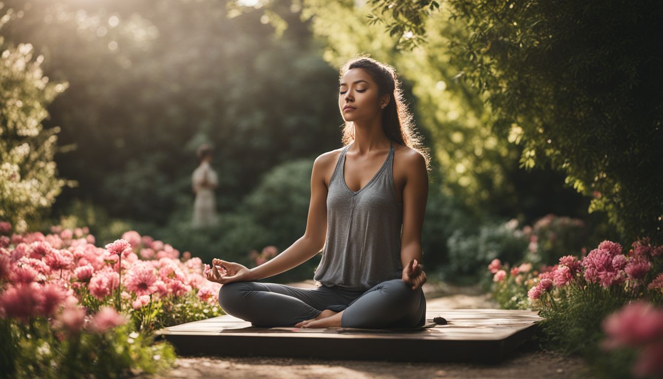 a person meditating in a serene garden surrounded by nature.