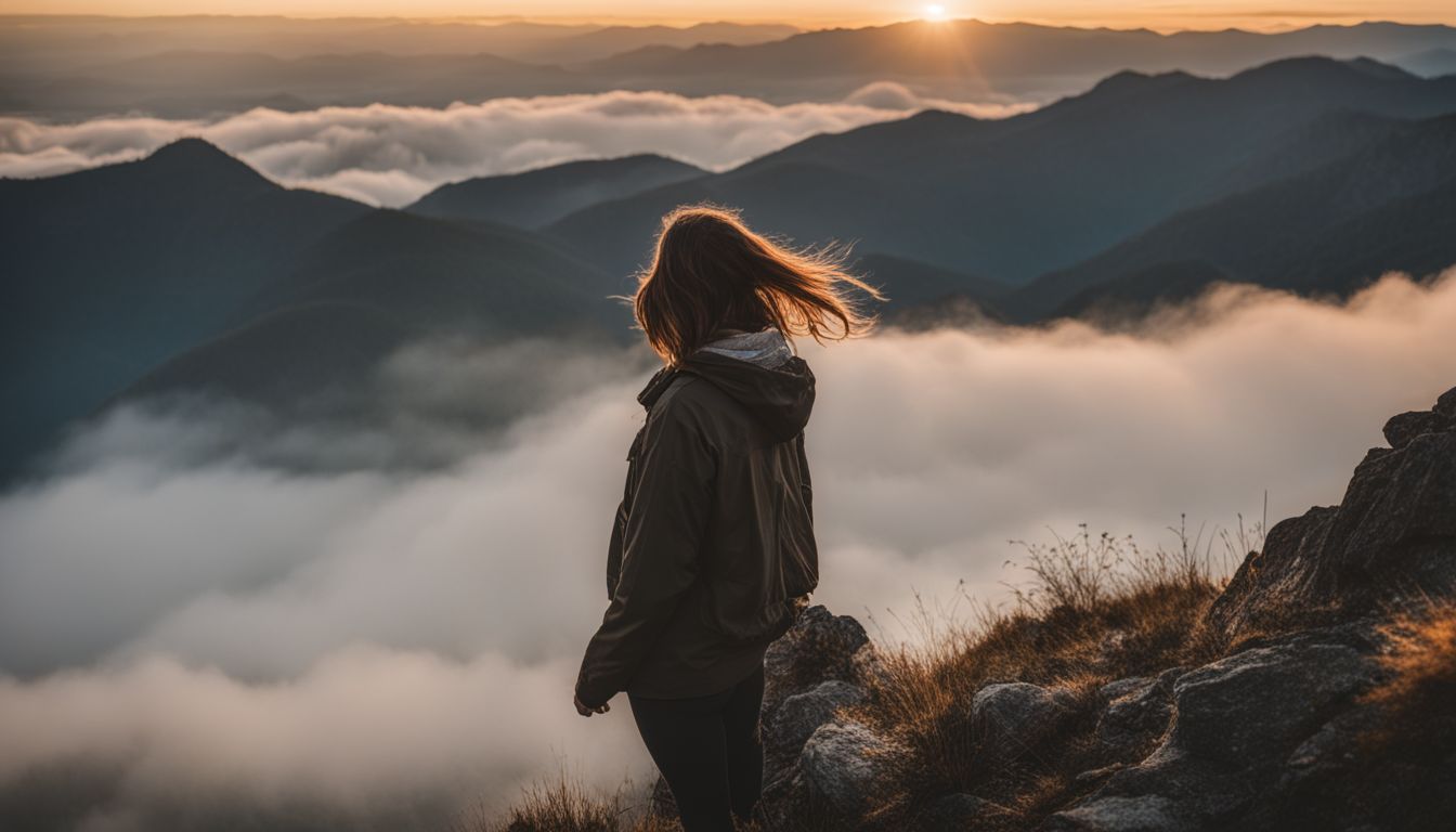 a person enjoying nature on a mountaintop at sunset.