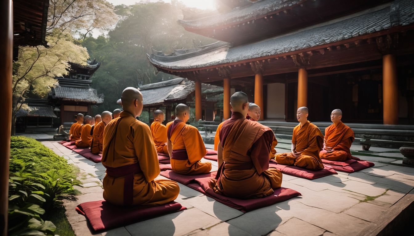 a diverse group of buddhist monks meditating in a tranquil temple garden.