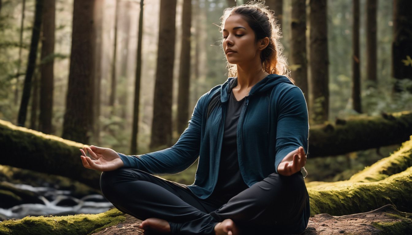 a person meditating in a vibrant forest surrounded by nature.