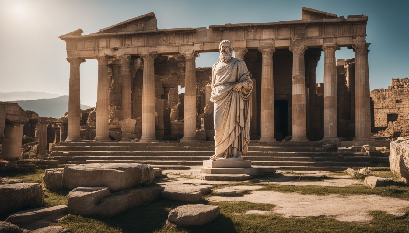 statue of plato with ancient ruins in the background.