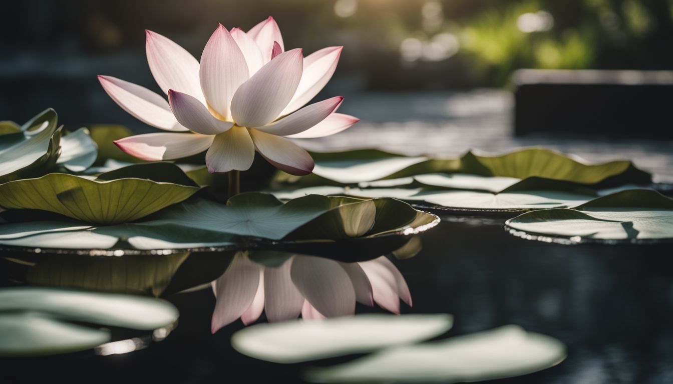 a serene zen garden with a blooming lotus and diverse people.