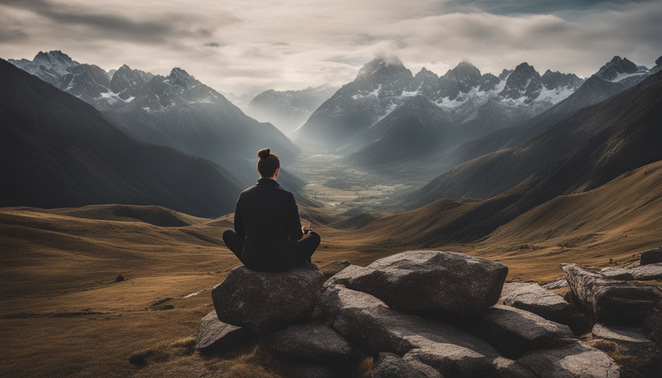 a person meditating in a peaceful mountain landscape with various appearances.