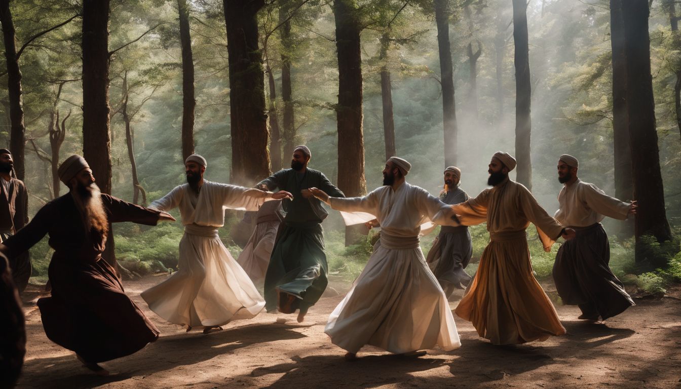 group of sufi dervishes spinning in a mystical forest.