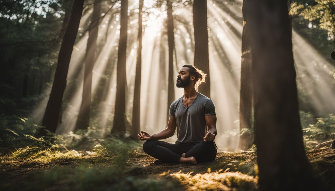 a meditating yogi in a peaceful forest surrounded by nature.