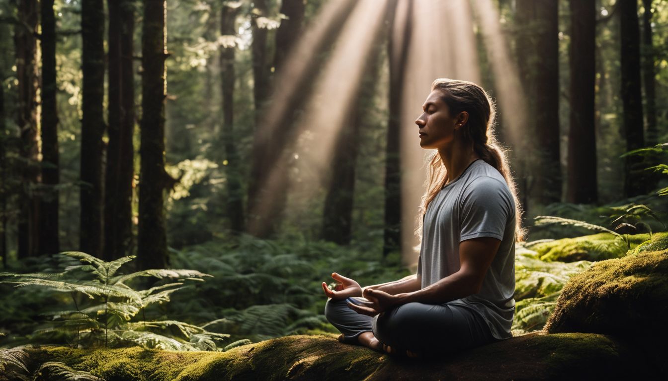 a person meditating in a forest surrounded by nature's beauty.
