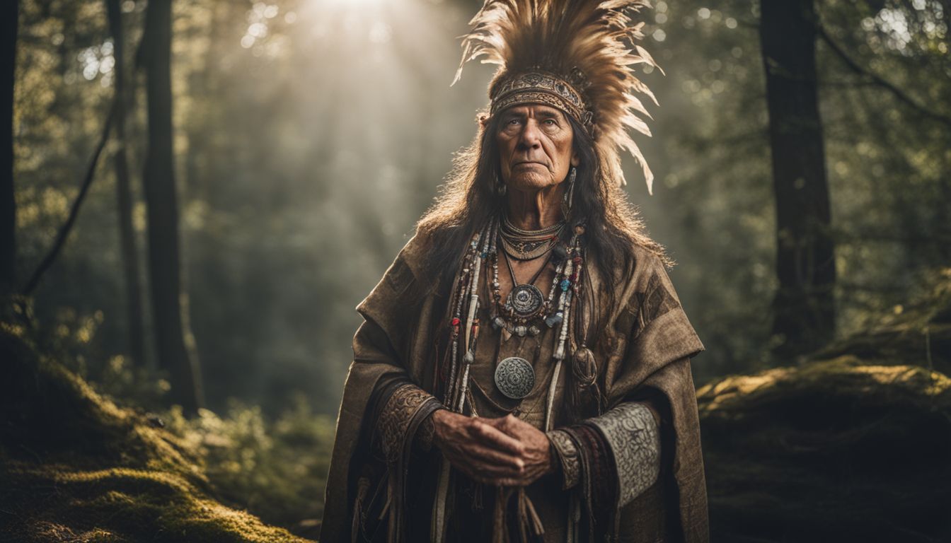 a shaman in traditional attire stands in a mystical forest clearing.