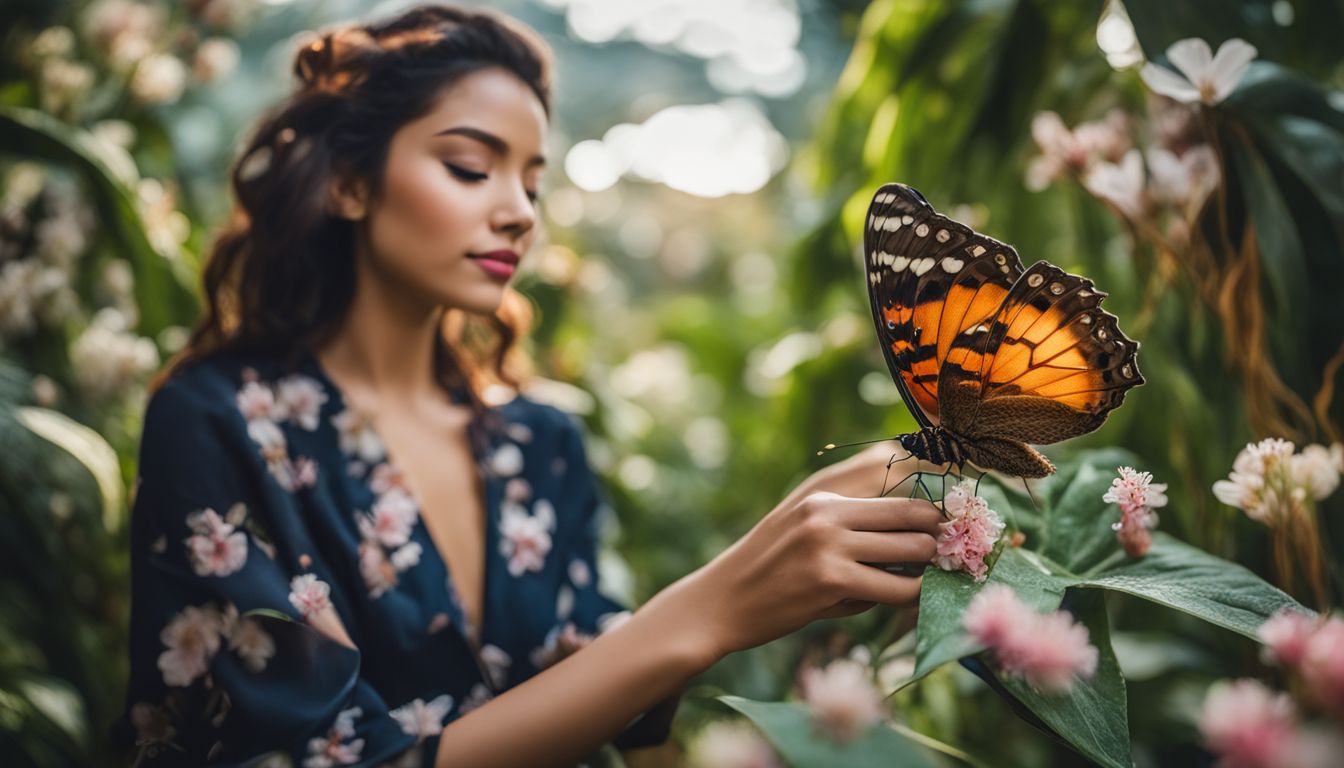 une photo de jardin tranquille avec des fleurs et un papillon.