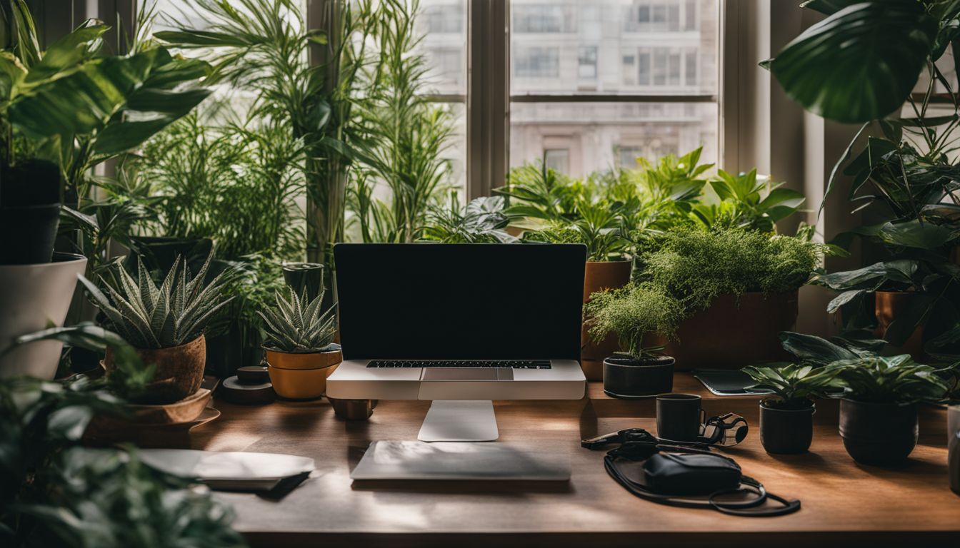 un bureau zen avec un ordinateur portable entouré de plantes.