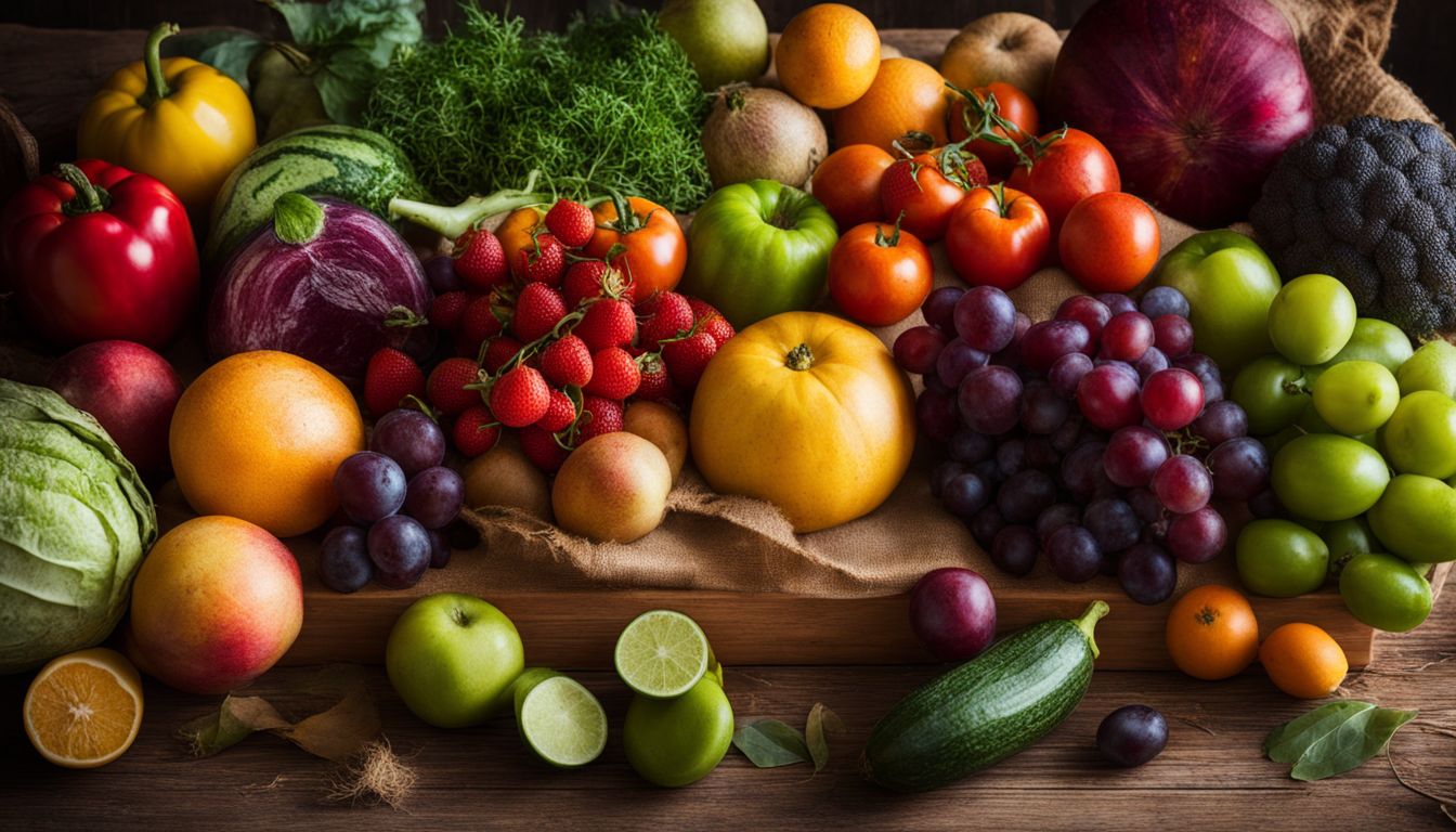 une variété de fruits et légumes colorés sur une table en bois rustique.