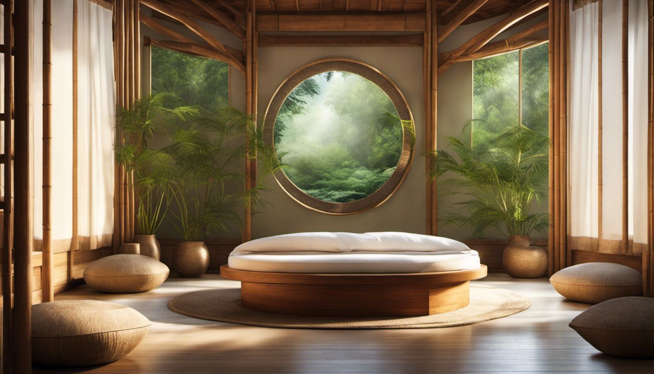une salle de méditation zen apaisante avec des coussins moelleux disposés en cercle et des plantes de bambou délicates.