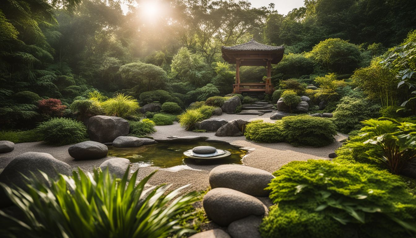un jardin zen avec des pierres empilées au milieu de plantes luxuriantes.
