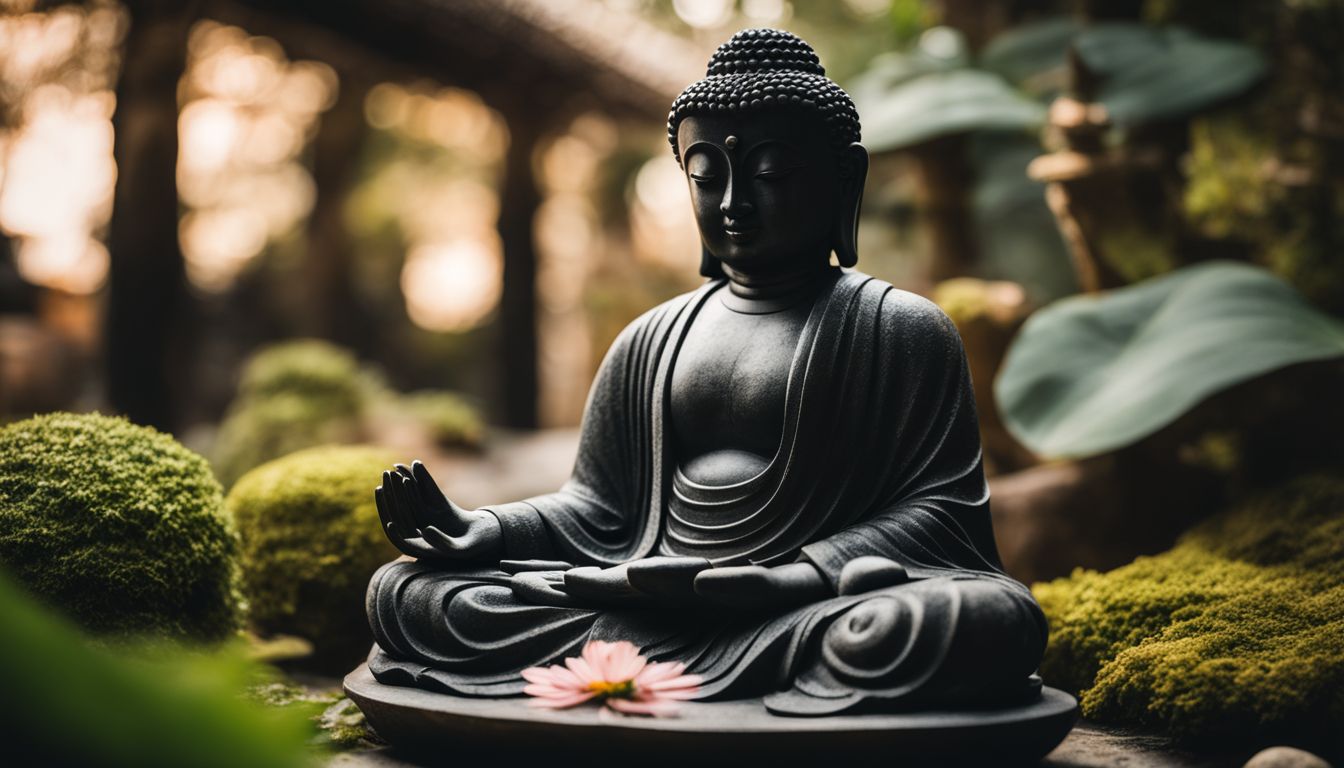 un jardin zen paisible avec une statue de bouddha méditant, différents visages et tenues.