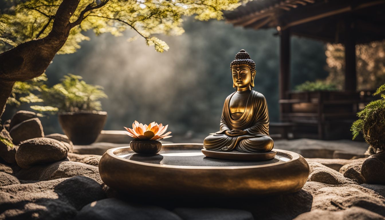 un jardin zen paisible avec une statue de bouddha méditant entouré de différentes personnes et paysages.