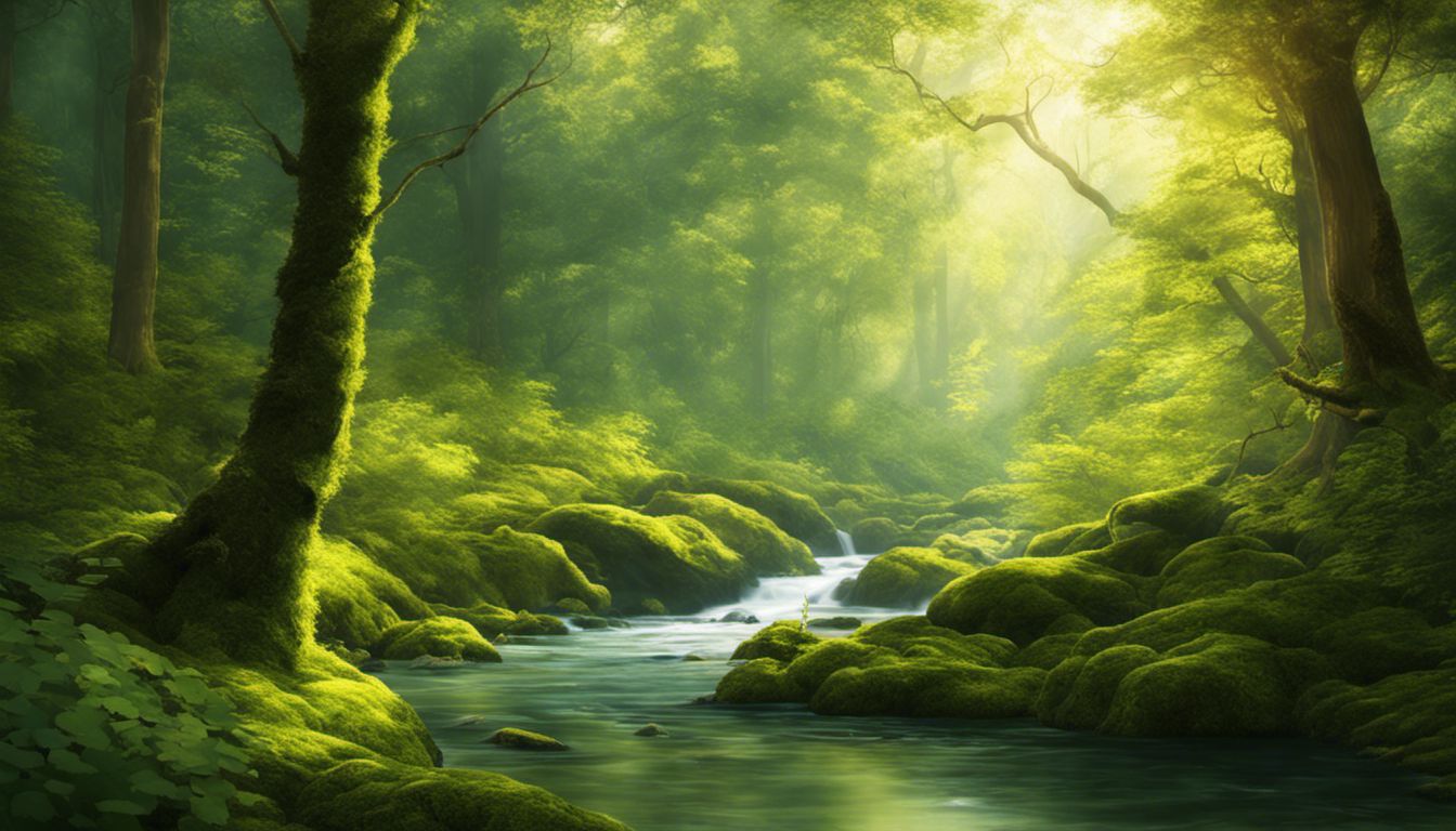 une forêt paisible avec une rivière calme, la verdure vibrante des arbres recouverts de mousse et une atmosphère sereine.