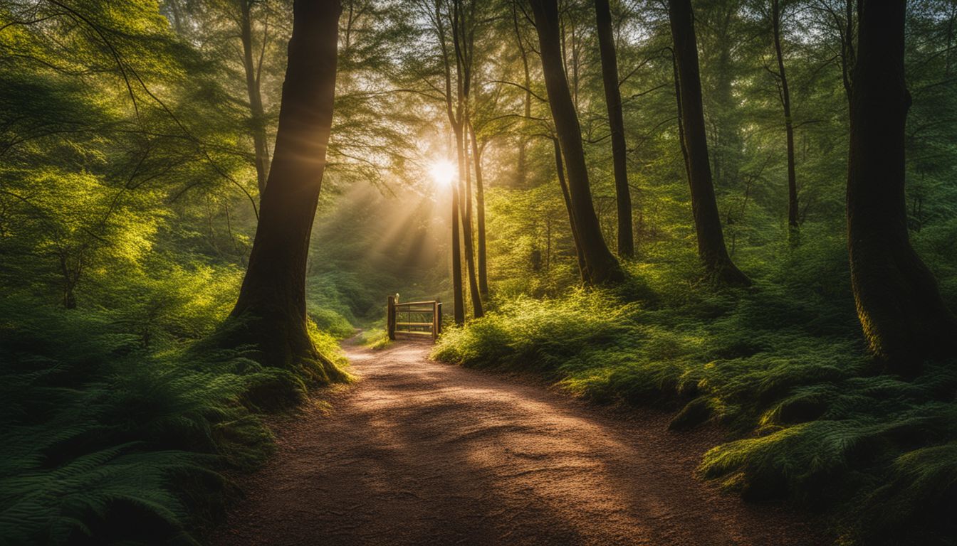 une photo d'une forêt paisible avec un chemin menant à une clairière.
