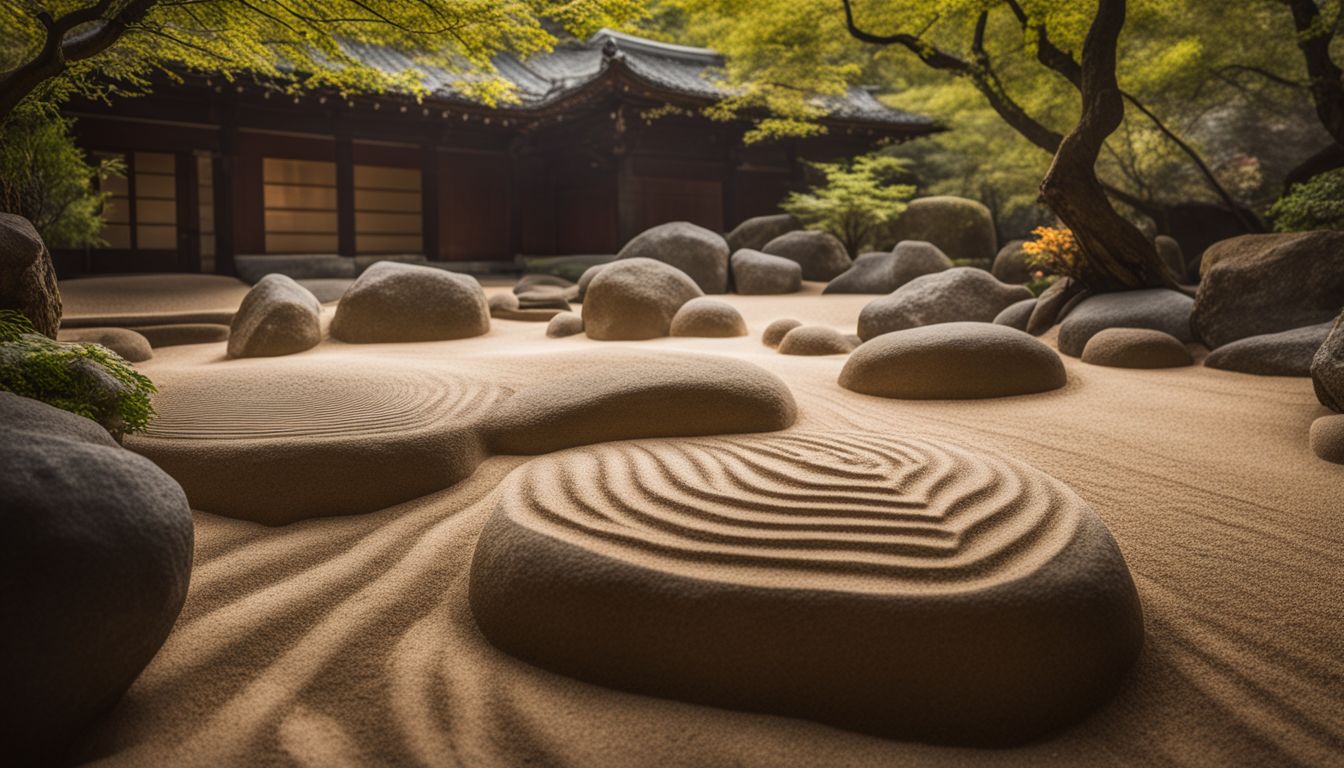 un jardin zen avec différentes personnes dans des tenues variées.