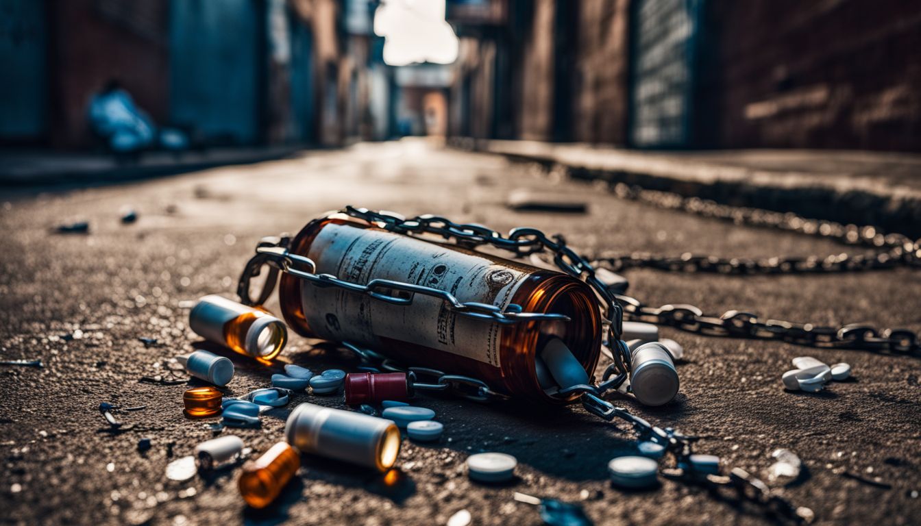 des débris et des bouteilles de pilules vides jonchent le sol d'une ruelle sombre.