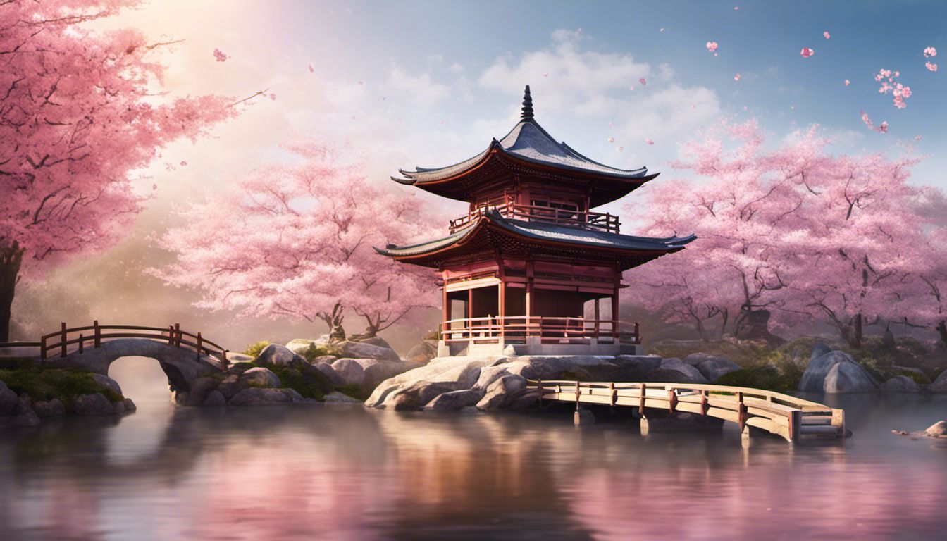 un jardin zen paisible avec une pagode parmi les cerisiers en fleurs, évoquant la tranquillité et l'harmonie entre l'homme et la nature.