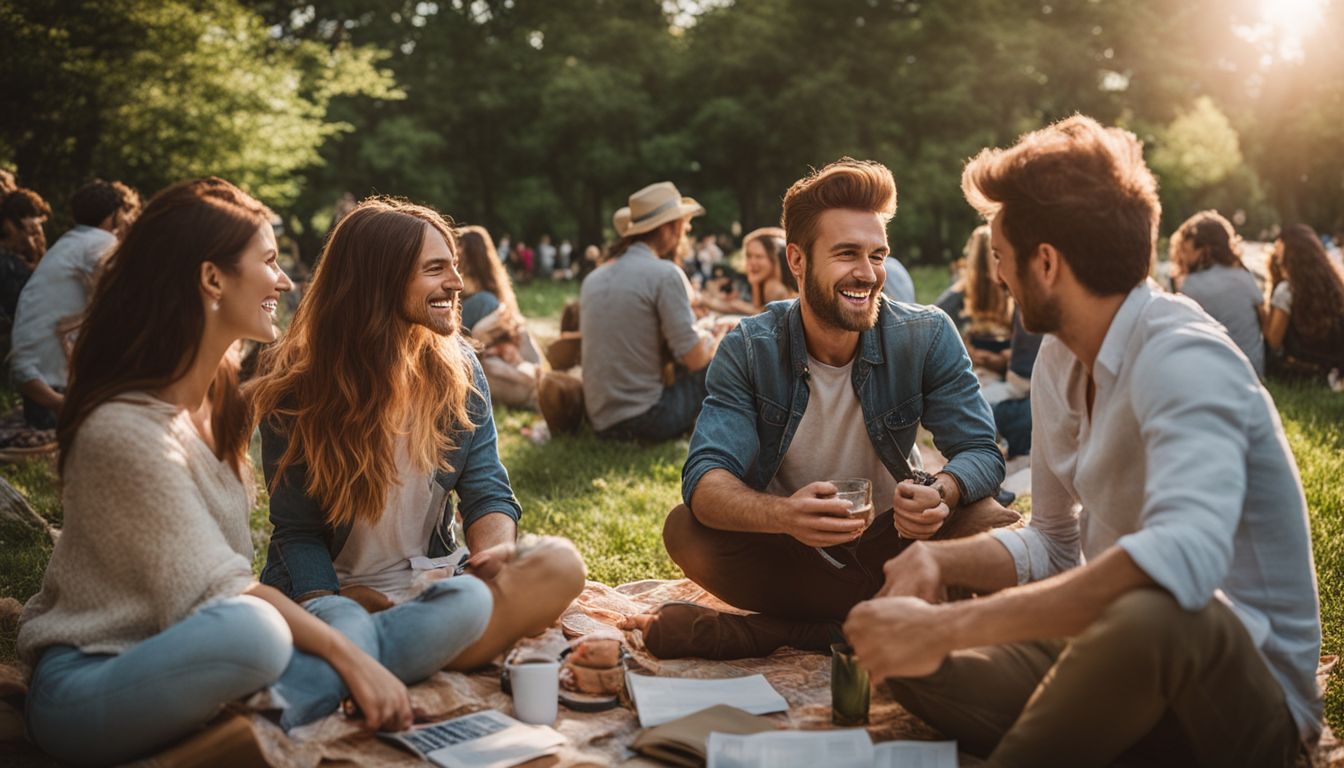 des gens se réunissent dans un parc pour discuter et rire.