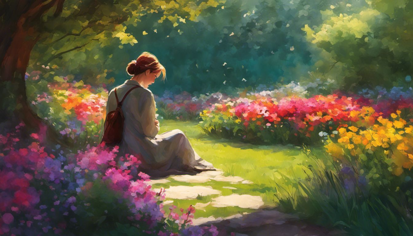 une personne assise au milieu d'un jardin luxuriant, entourée de fleurs de différentes couleurs, profite de la beauté de la nature.