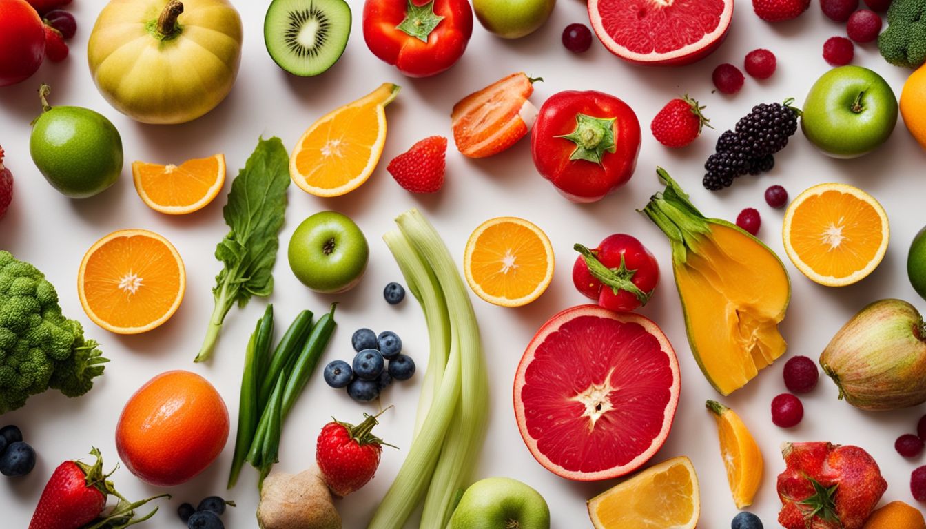 une photographie rapprochée d'une variété de fruits et légumes colorés arrangés de manière artistique.