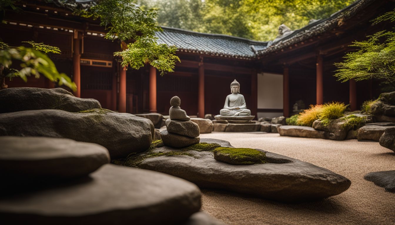 une statue de bouddha méditant dans un jardin zen serein.