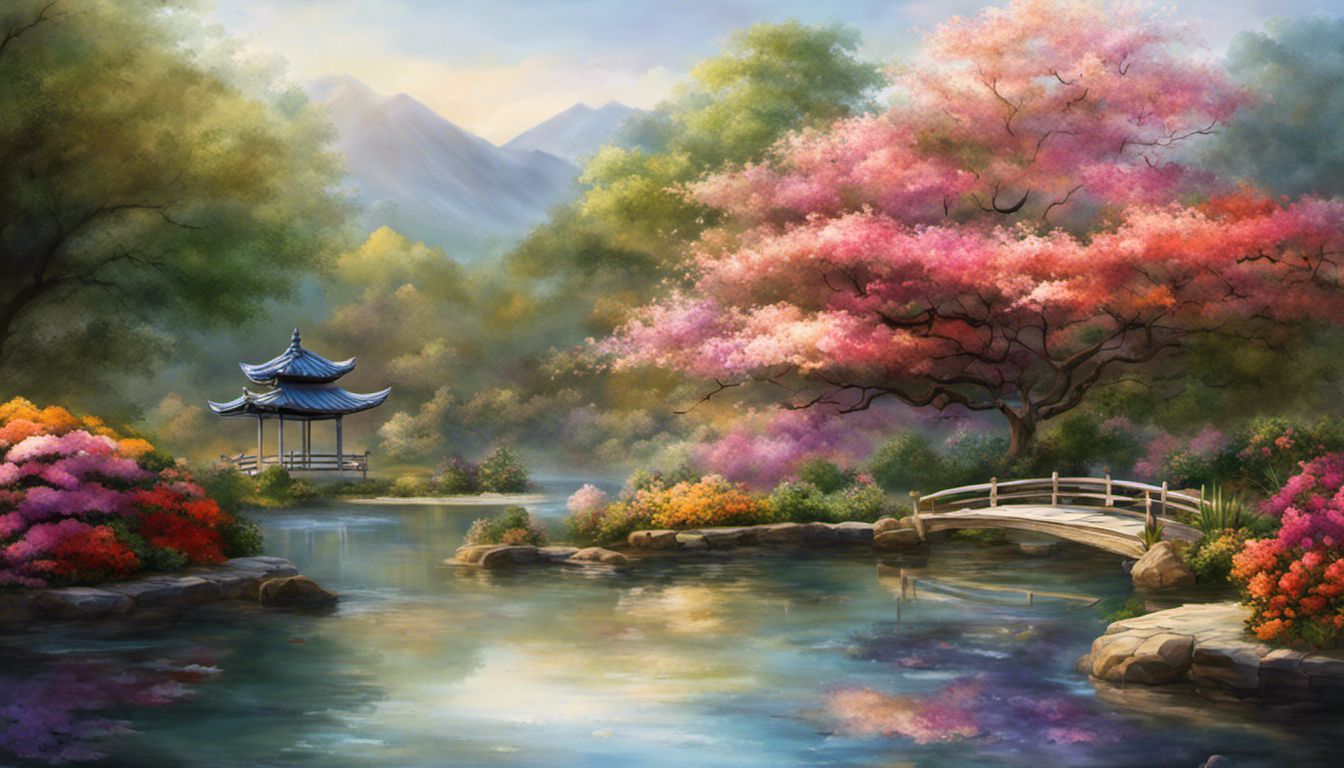 un jardin zen paisible avec des fleurs colorées en pleine floraison et un étang tranquille qui reflète leur beauté.