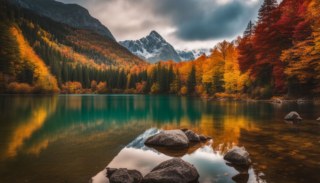 une photo d'un lac serein entouré de montagnes luxuriantes et de feuillage d'automne coloré avec différentes personnes et styles capillaires, dans une atmosphère animée.