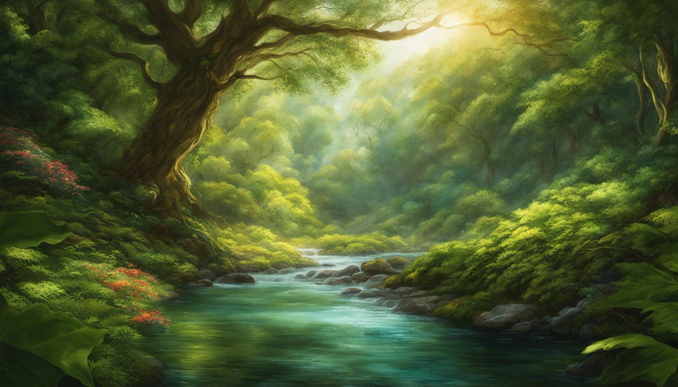 une forêt paisible avec une rivière et une végétation luxuriante, capturant la tranquillité et la sérénité.