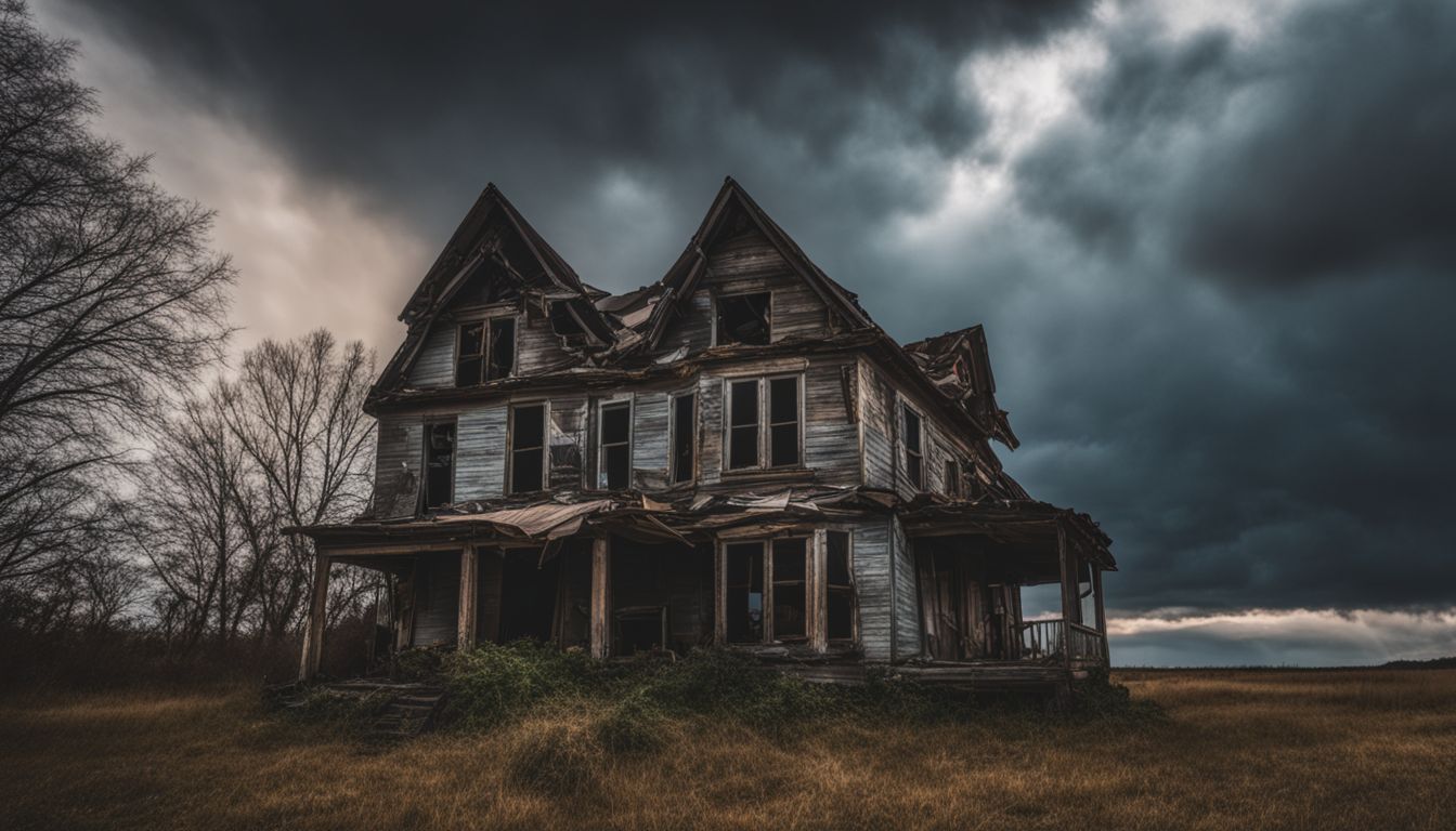 une photo d'une maison abandonnée entourée d'un ciel orageux.