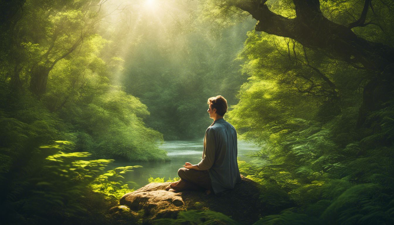 une personne médite dans un cadre naturel serein et tranquille, entourée d'une forêt luxuriante et baignée de lumière filtrant à travers la canopée.
