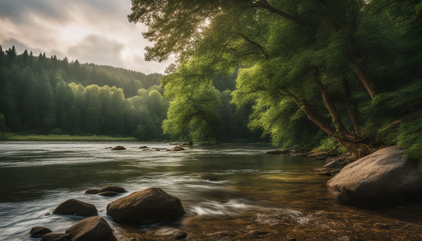 une forêt tranquille avec une rivière entourée d'arbres verdoyants.