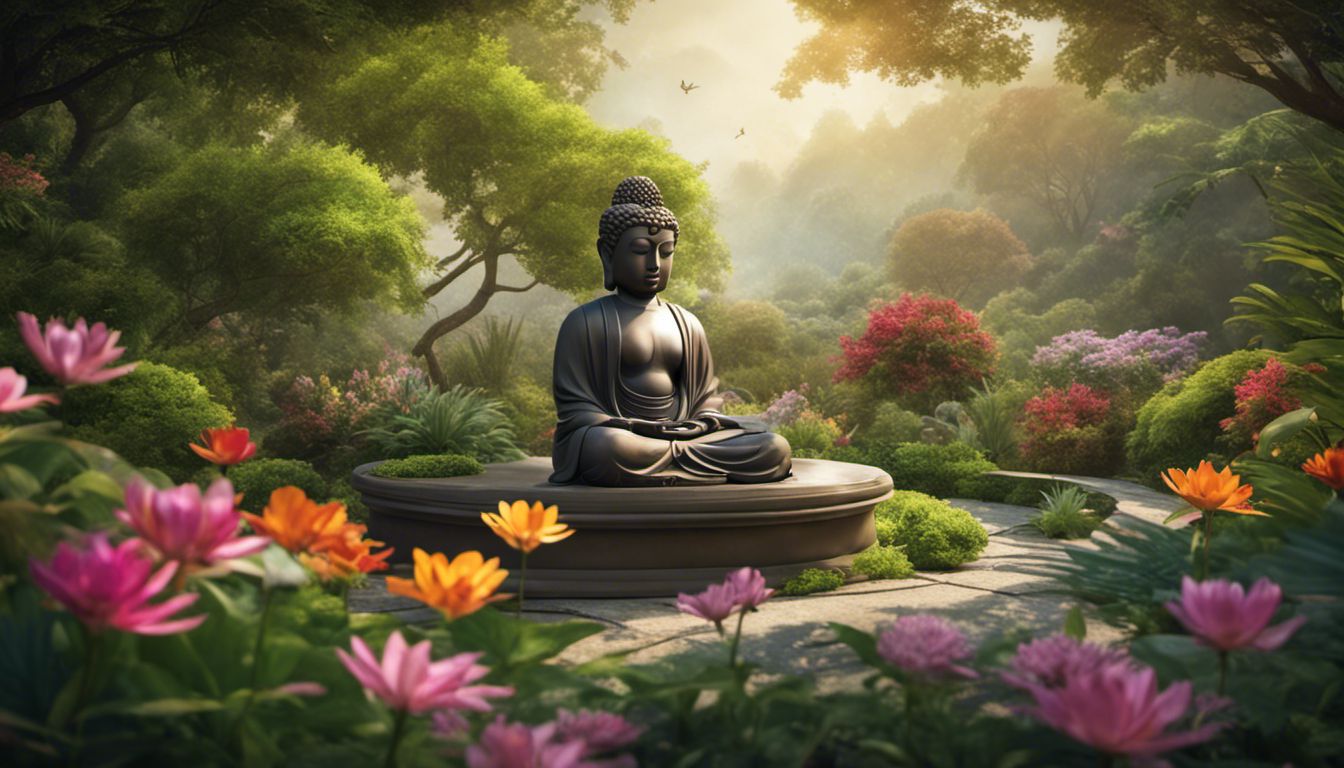 un jardin zen paisible avec une statue de bouddha méditant, entouré de plantes vertes luxuriantes et de fleurs colorées, harmonie et paix intérieure capturées.