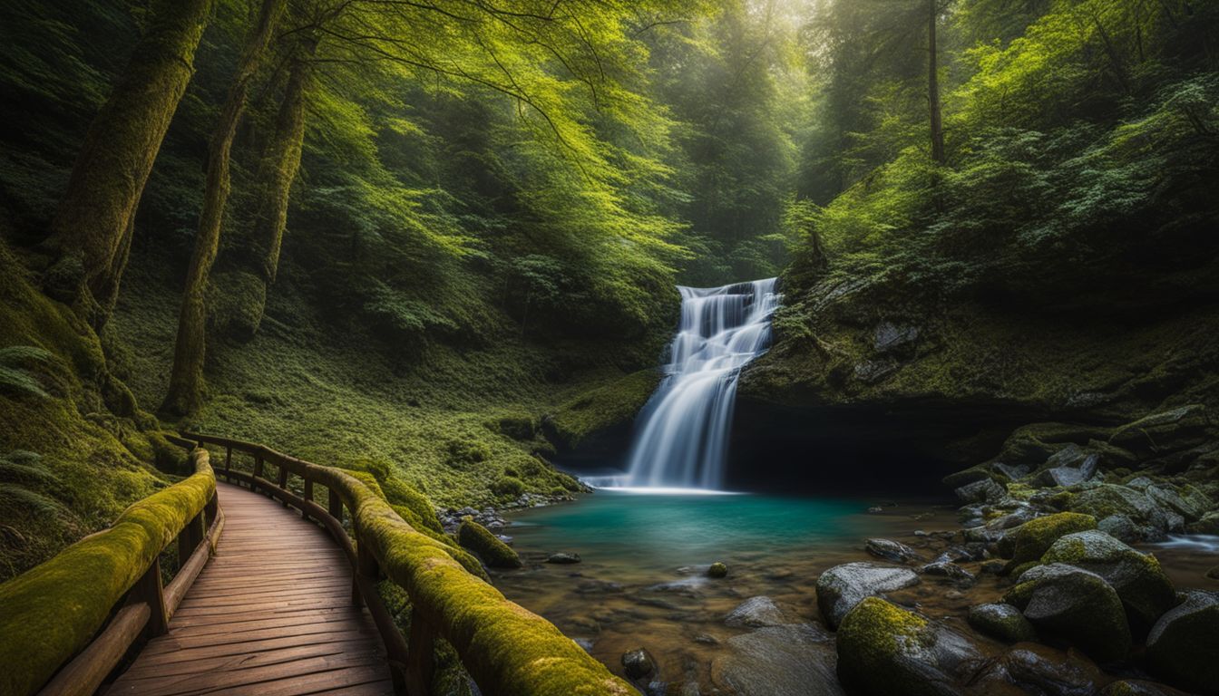 une photo d'une forêt sereine avec une cascade cachée.