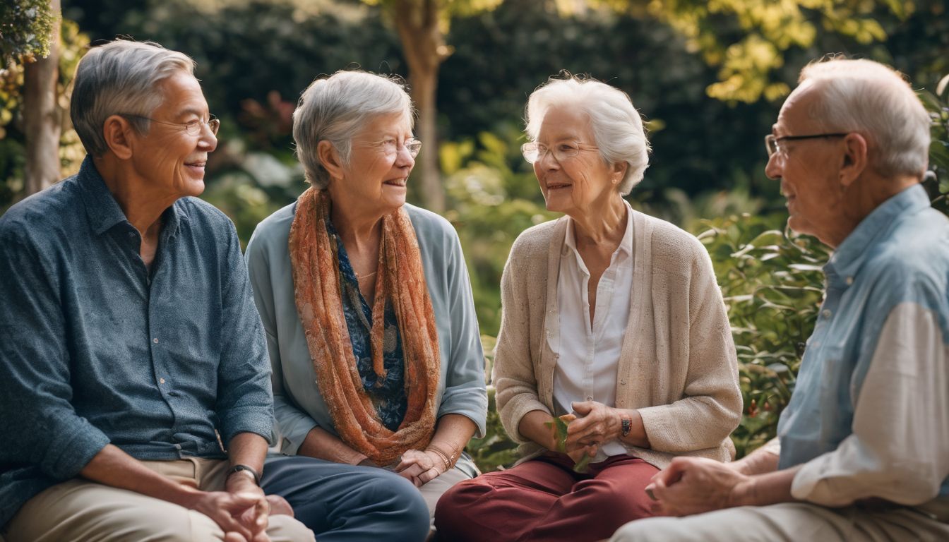 un groupe de personnes âgées pratiquant la pleine conscience dans un jardin paisible.