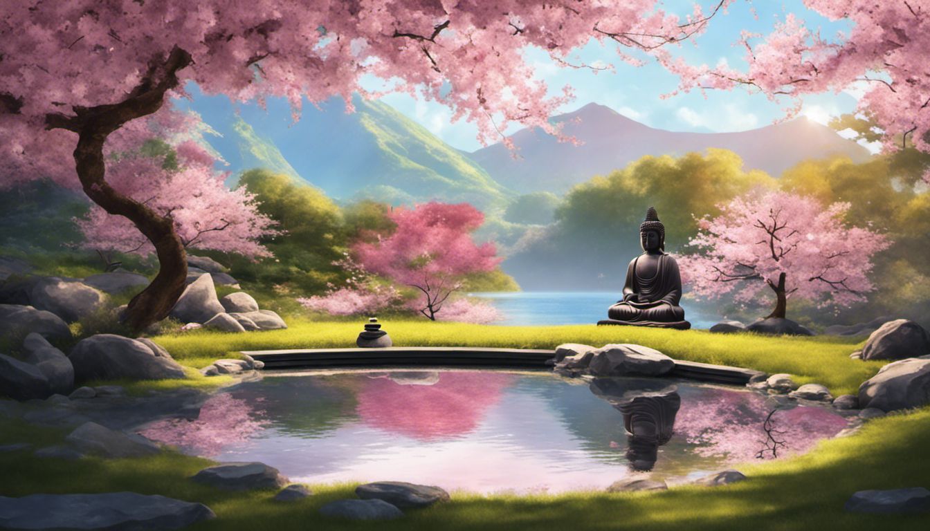 un jardin zen paisible avec statue de bouddha entourée d'arbres en fleurs et d'un étang tranquille.