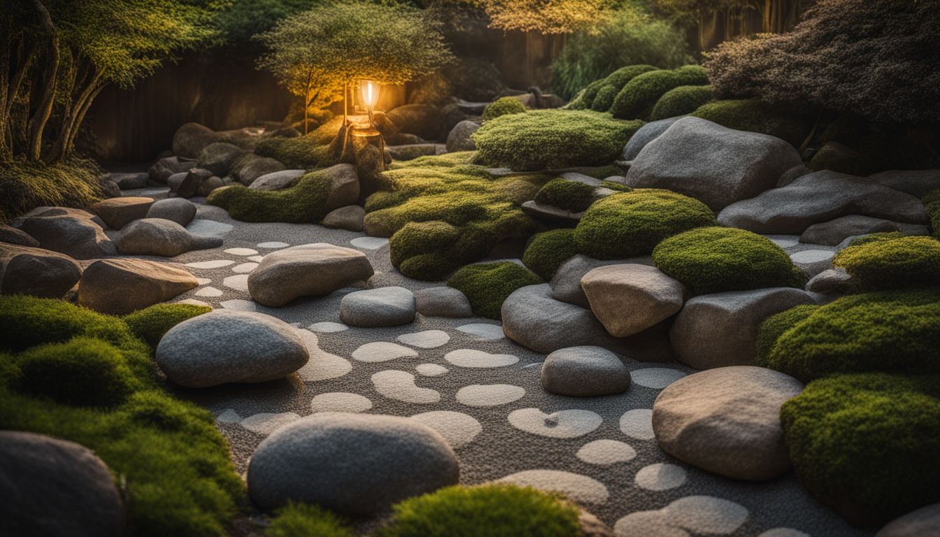 un jardin zen avec des rochers arrangés dans un motif paisible.
