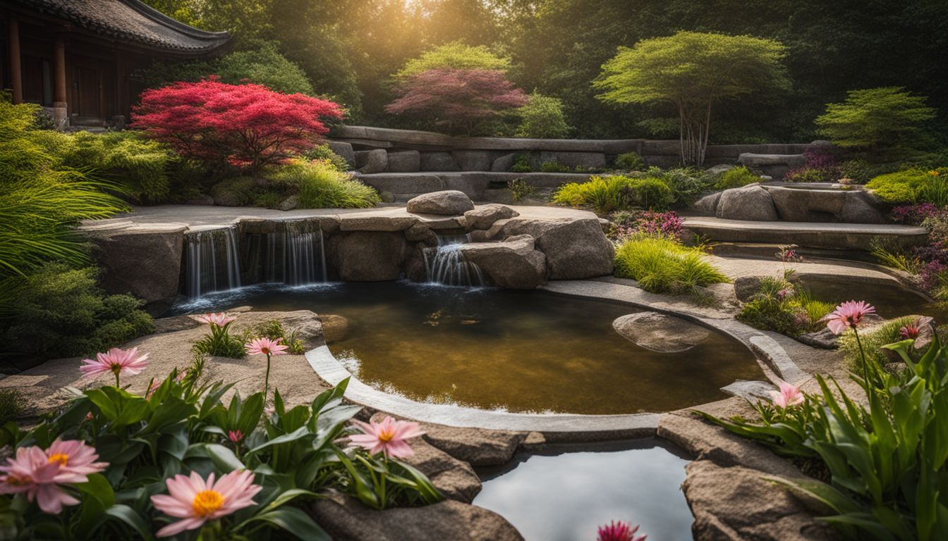 un jardin zen tranquille avec une fontaine et des fleurs.