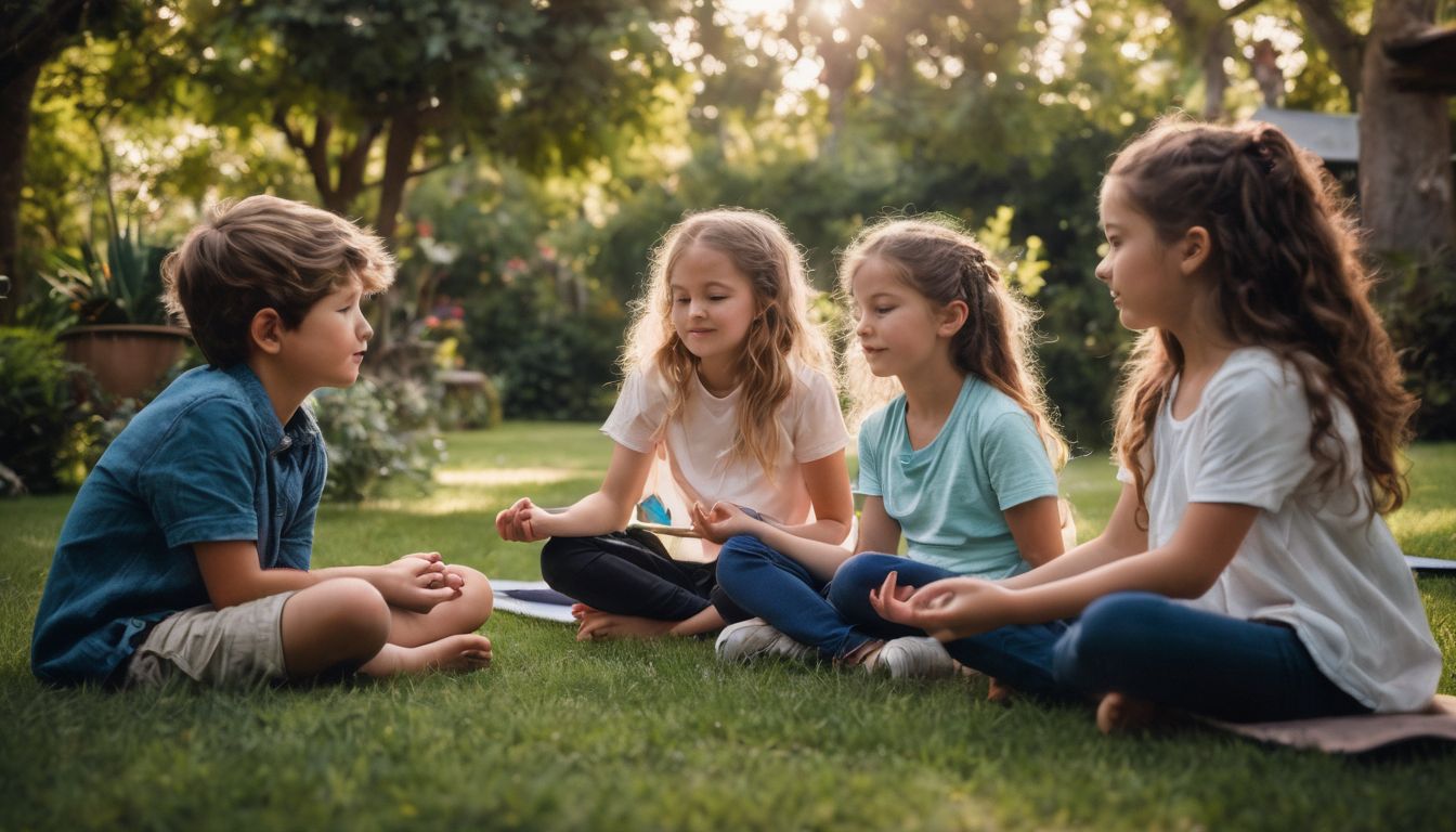 un groupe d'enfants pratiquant la pleine conscience dans un jardin paisible.