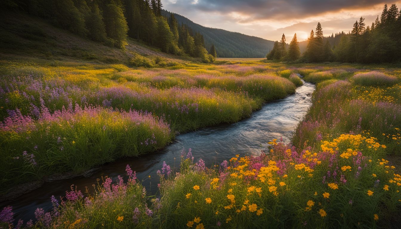 un champ de fleurs sauvages avec une rivière calme qui traverse.