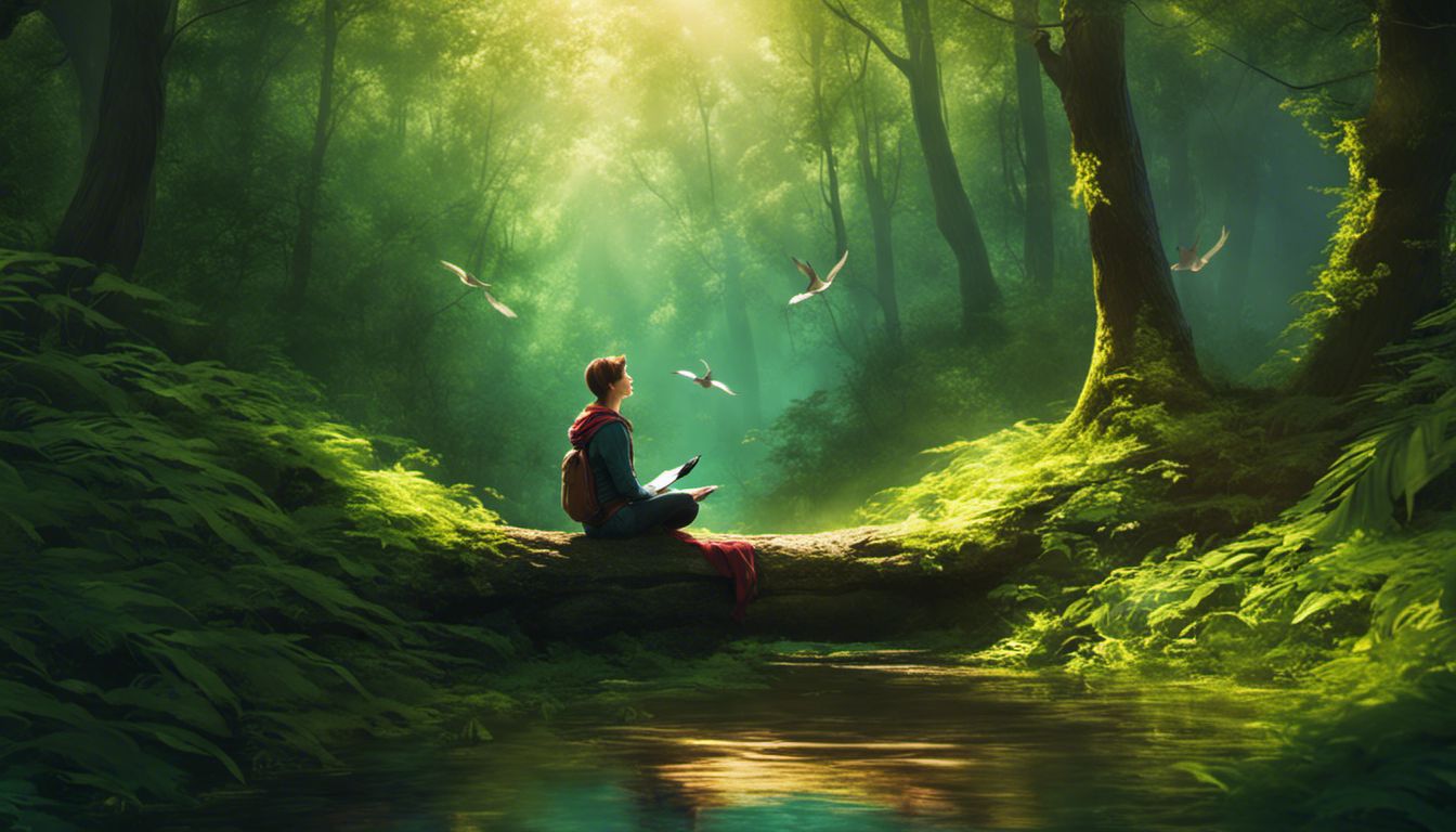 une personne assise dans une forêt paisible, entourée d'une nature luxuriante, incarne la solitude et la sérénité.
